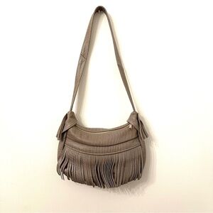 Leather Fringe Bag Purse Zip Top Gray Embossed Reptile Texture